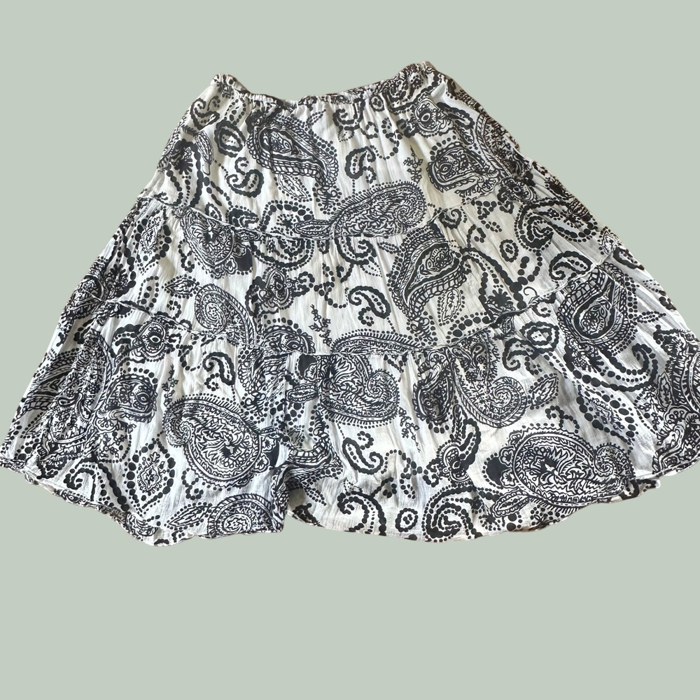 Tiered Paisley Cotton Midi Skirt Boho Flowy Bobbie Brooks Black White 2X